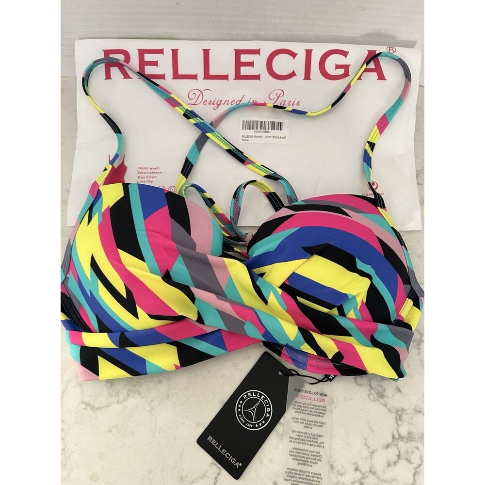 Y2K Retro Bikini Top RELLECIGA Neon Striped Push Up Size S NWT $79.99